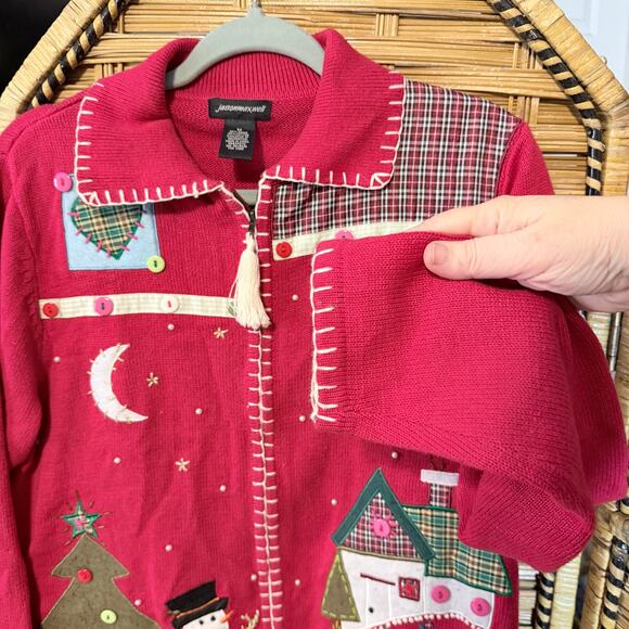 Jason Maxwell Red Christmas Cardigan Sweater Zip Front Applique Snowman Medium - Picture 7 of 7